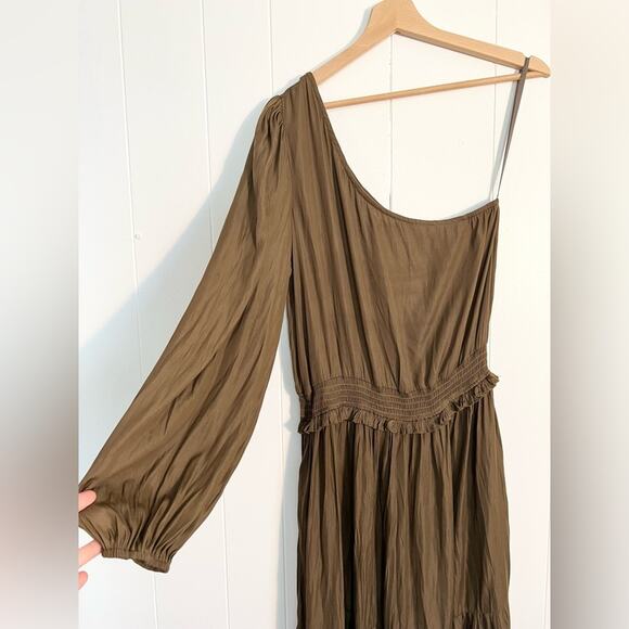 Anthropologie Grade and Gather Starla one shoulder dress brown satin neutral - Picture 5 of 9